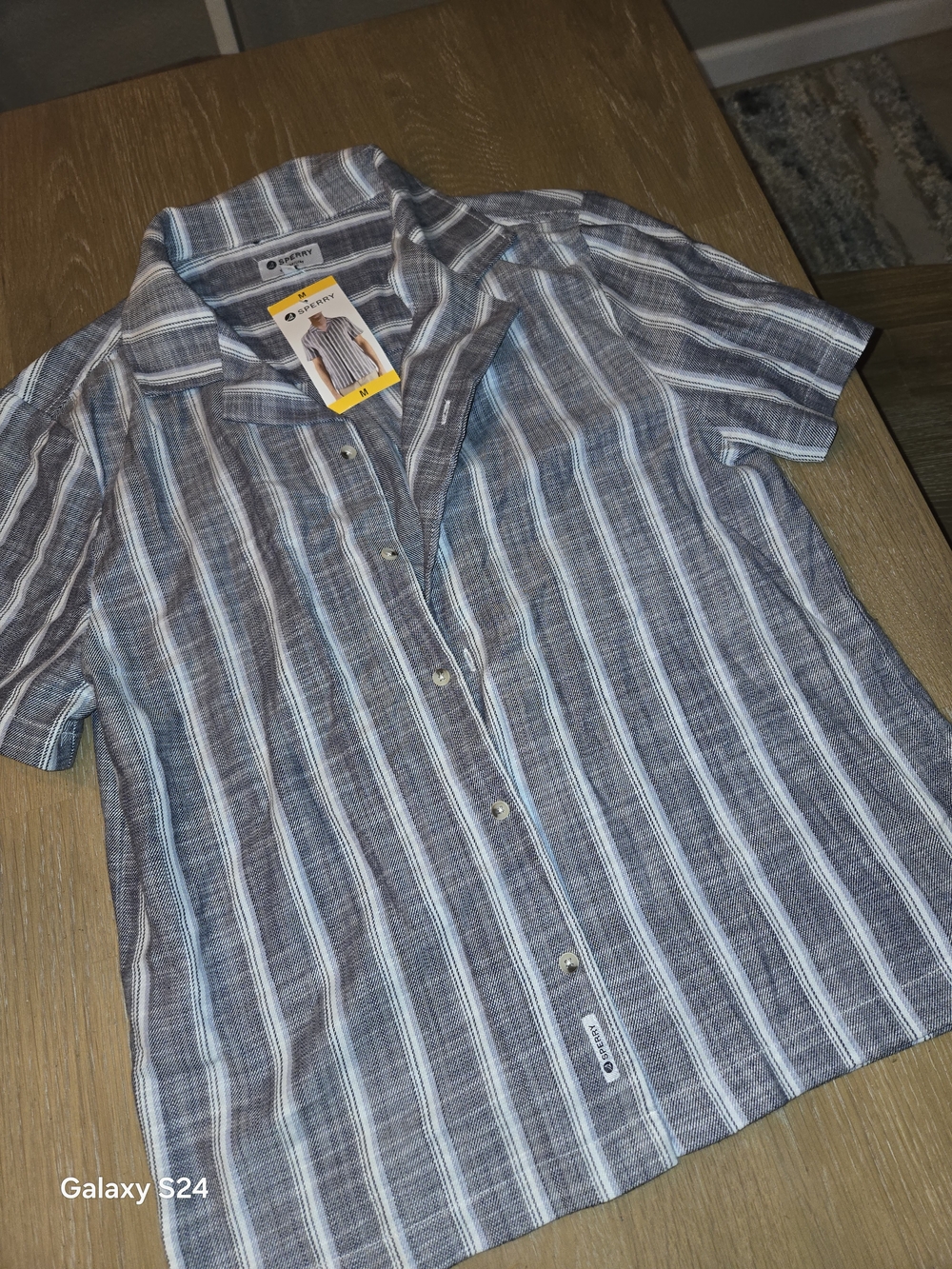 Sperry Gray & Light Blue Vertical Stripe Short-Sleeve Button-Up Shirt Mens M New